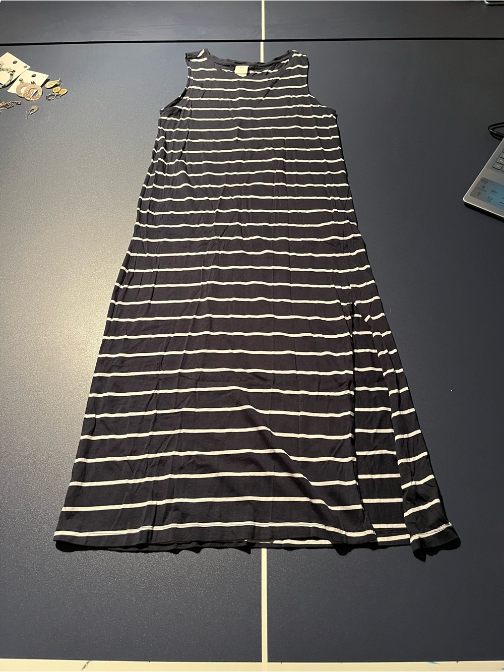 H&M Navy Blue and White Striped Sleeveless Maxi Dress